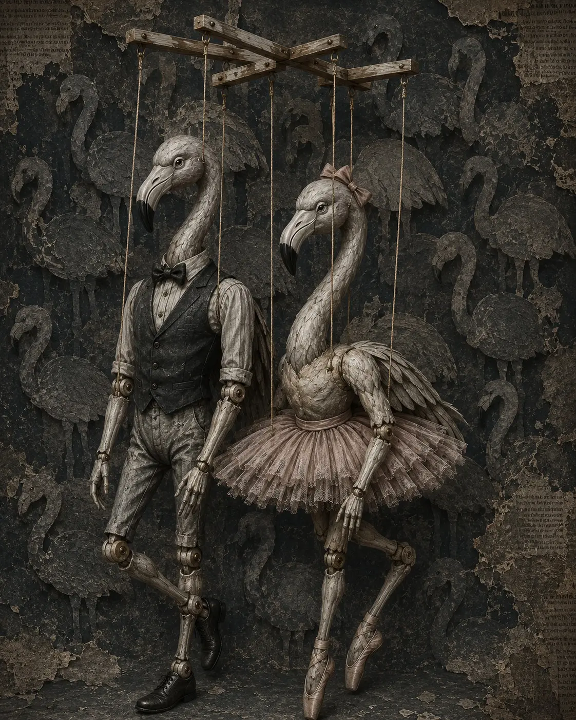 Grey flamingos representing performance and control