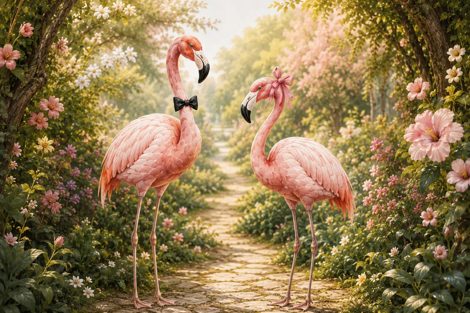 Pink flamingos in a garden