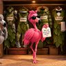 Fear of Rejection: A Grey Flamingo stands in front of a closet full of hanging "fig leaves"—each leaf stylized like a different protective garment (a heavy suit of armor labeled "BLAMER," a running suit labeled "RUNNER," a thick down parka labeled "SILENT," and a butler's uniform labeled "PLEASER"). In the center stands a vibrant Pink Flamingo in sunglasses, stepping out of the closet completely unarmored, holding up a small tag that reads: "Who told you you were rejected?"