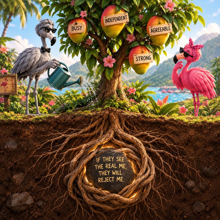 What is fear of rejection? A male Grey Flamingo is watering a tree. The tree has some impressive mangos labeled "BUSY," "INDEPENDENT," "AGREEABLE," and "STRONG." Deep under the soil, the tree's primary root is wrapped tightly around a glowing dark stone that reads: "IF THEY SEE THE REAL ME, THEY WILL REJECT ME."