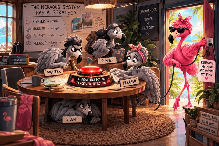 Fear of Rejection Symptoms A tactical "war room" setup inside a Grey Flamingo's command center. Four mini Grey Flamingos (labeled Fighter, Runner, Silent, and Pleaser) are arguing around a table over a big red button that reads "THREAT DETECTED: PERCEIVED REJECTION." The Fighter is trying to hit it with a gavel, the Runner is packing a suitcase, the Silent is hiding under the table, and the Pleaser is polishing the button so it looks nice. A Pink Flamingo is stepping in from the doorway, pulling the power plug to the board, labeled "RENEWING MY MIND AND OWNING MY PINK."