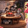 Fear of Rejection Symptoms A tactical "war room" setup inside a Grey Flamingo's command center. Four mini Grey Flamingos (labeled Fighter, Runner, Silent, and Pleaser) are arguing around a table over a big red button that reads "THREAT DETECTED: PERCEIVED REJECTION." The Fighter is trying to hit it with a gavel, the Runner is packing a suitcase, the Silent is hiding under the table, and the Pleaser is polishing the button so it looks nice. A Pink Flamingo is stepping in from the doorway, pulling the power plug to the board, labeled "RENEWING MY MIND AND OWNING MY PINK."