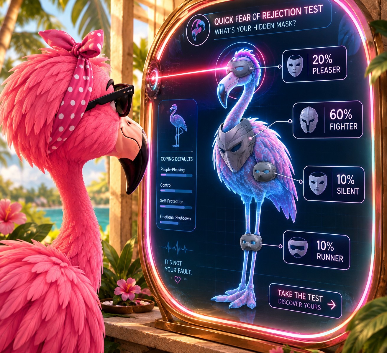 A Pink Flamingo is looking into a stylized, glowing futuristic mirror that acts as the "Quick Fear of Rejection Test." The mirror is actively scanning the flamingo with a red laser beam. The screen shows the flamingo as an anatomical chart, and it has identified multiple, heavy grey masks. Labels pop up: "20% Pleaser," "60% Fighter," "10% Silent", "10% Runner."