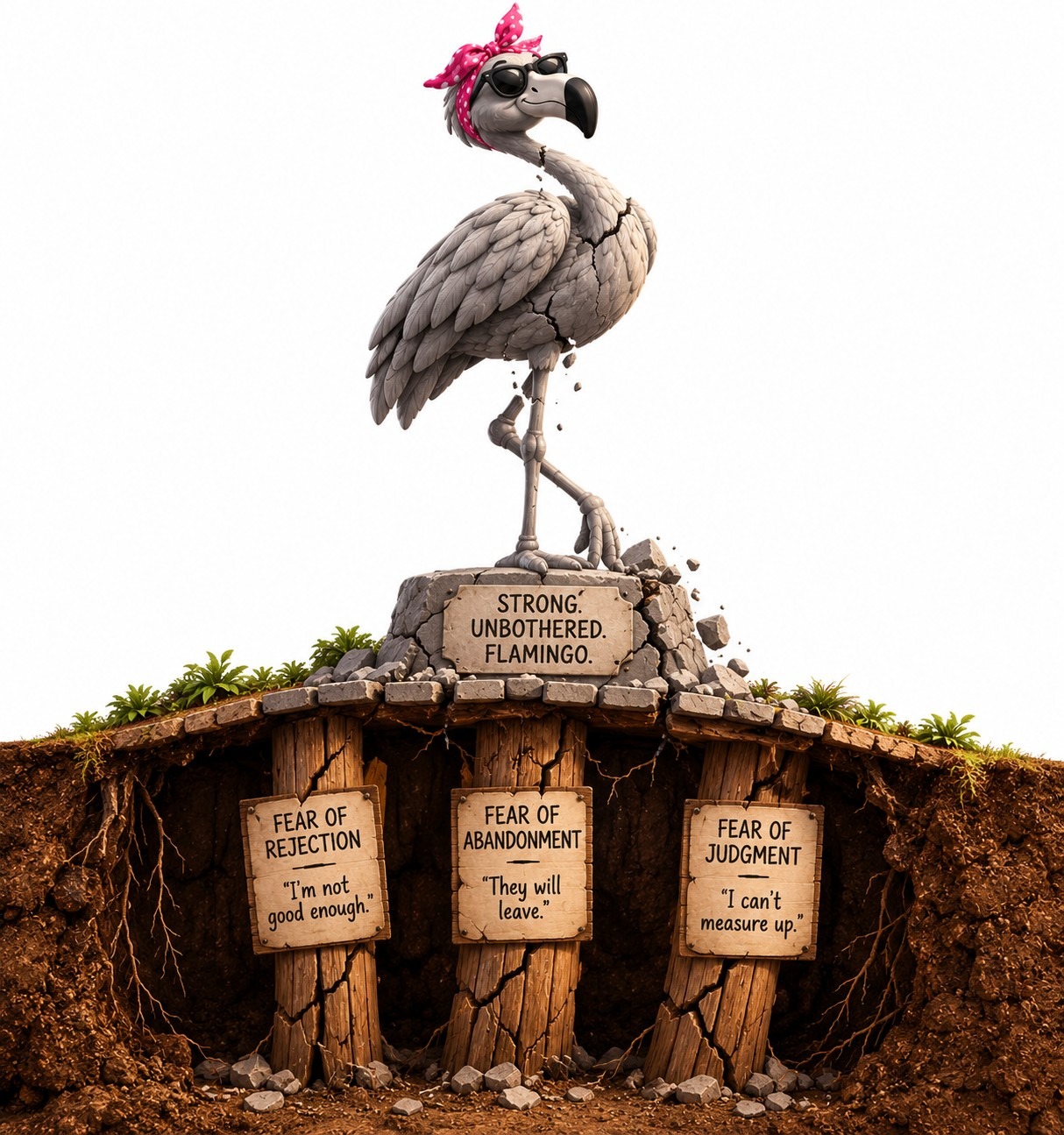 How to be yourself A massive, towering grey statue of a "Strong, Unbothered Flamingo" stands proud, but the ground underneath it is cut away like a cross-section to reveal the cellar. Underneath the Statue: The fragile soil is supported by three cracked wooden pillars labeled: FEAR OF REJECTION ("I'm not good enough") FEAR OF ABANDONMENT ("They will leave") FEAR OF JUDGMENT ("I can't measure up")