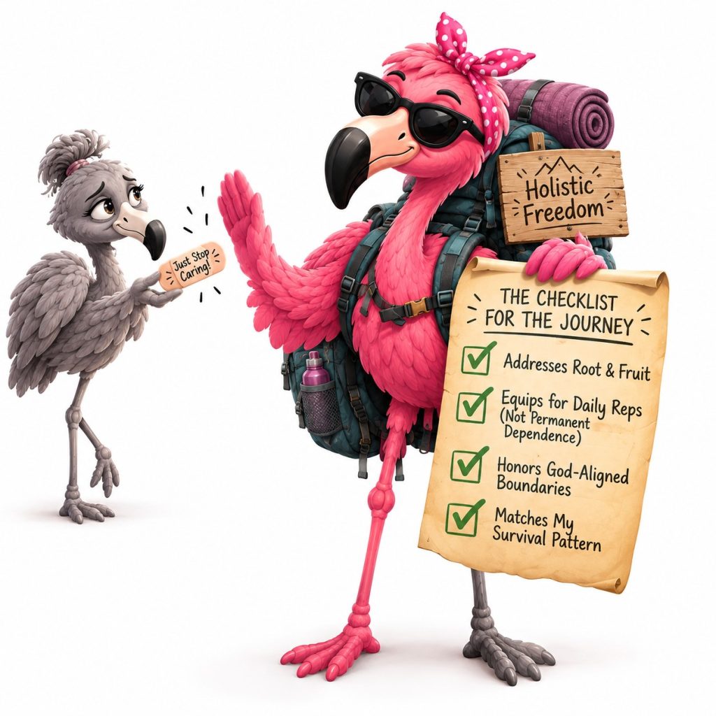 How to get over the fear of rejection

A male Pink Flamingo packing a backpack for a mountain hike labeled "Holistic Freedom."
The flamingo is holding a large, golden checklist with giant green checkmarks next to some key criteria from the post's guide:- ✅ Addresses Root & Fruit
- ✅ Equips for Daily Reps (Not Permanent Dependence)
- ✅ Honors God-Aligned Boundaries
- ✅ Matches My Survival Pattern

A small female Grey Flamingo in the background is trying to hand over a single, tiny band-aid labeled "Just Stop Caring!"—and the Pink Flamingo is kindly waving it away.