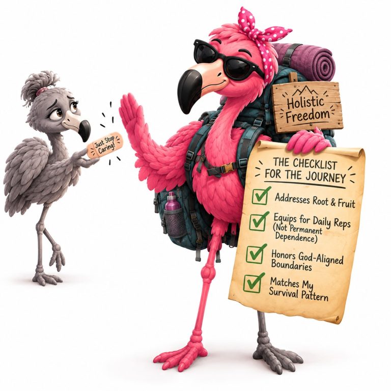 How to get over the fear of rejection A male Pink Flamingo packing a backpack for a mountain hike labeled "Holistic Freedom." The flamingo is holding a large, golden checklist with giant green checkmarks next to some key criteria from the post's guide:- ✅ Addresses Root & Fruit - ✅ Equips for Daily Reps (Not Permanent Dependence) - ✅ Honors God-Aligned Boundaries - ✅ Matches My Survival Pattern A small female Grey Flamingo in the background is trying to hand over a single, tiny band-aid labeled "Just Stop Caring!"—and the Pink Flamingo is kindly waving it away.