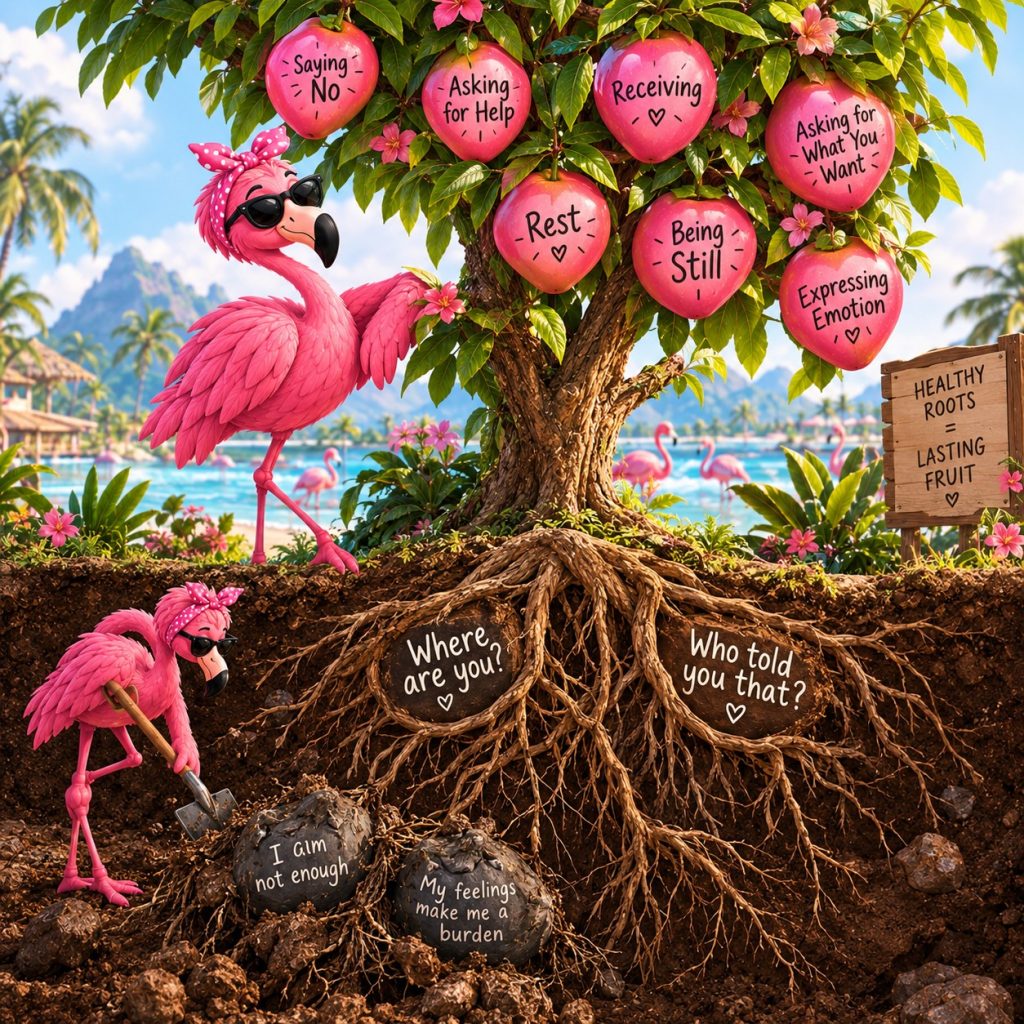 How to overcome fear of rejection
A split view above and below the ground of a vibrant Pink Flamingo standing beside a tropical tree.
Below Ground (The Roots): The roots are labeled with origin questions: "Where are you?" and "Who told you that?" A small Pink Flamingo with a spade is uprooting old, decaying Grey tubers labeled "I am not enough" and "My feelings make me a burden."
Above Ground (The Fruit/Reps): Fresh, bright pink fruit grows on the branches, labeled with everyday actions: "Saying No," "Asking for Help,", "Receiving", "Asking for What You Want", "Rest", "Being Still" and "Expressing Emotion."