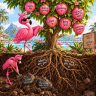 How to overcome fear of rejection A split view above and below the ground of a vibrant Pink Flamingo standing beside a tropical tree. Below Ground (The Roots): The roots are labeled with origin questions: "Where are you?" and "Who told you that?" A small Pink Flamingo with a spade is uprooting old, decaying Grey tubers labeled "I am not enough" and "My feelings make me a burden." Above Ground (The Fruit/Reps): Fresh, bright pink fruit grows on the branches, labeled with everyday actions: "Saying No," "Asking for Help,", "Receiving", "Asking for What You Want", "Rest", "Being Still" and "Expressing Emotion."